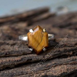 Shop Tiger Eye Rings! Tiger Eye Ring, 925 Sterling Silver Ring, Hexagonal Shape Tiger Eye Gemstone Ring, Prong Set Ring, Tiger Eye Birthstone Ring, Fine Gift Ring | Natural genuine Tiger Eye rings, simple unique handcrafted gemstone rings. #rings #jewelry #shopping #gift #handmade #fashion #style #affiliate #ad