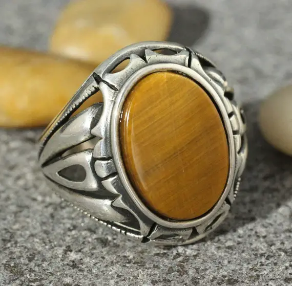 Sterling Silver 925 Handmade Tiger Eye Men's Ring, Ottoman Style Ring, Silver 925 Men Ring,  Gift For Him, Silver Tiger Eye Ring,ottoman
