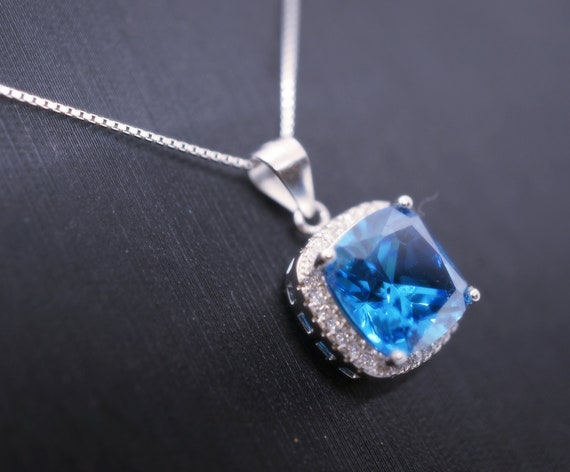Topaz Necklace -  Sterling Silver Cushion Square Large 6 Ct Blue Topaz Jewelry #542