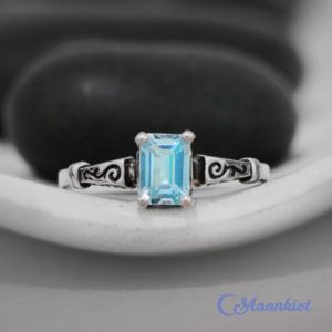 Vintage Blue Topaz Ring, Sterling Silver Rectangular Topaz Ring, Art Deco Blue Topaz Promise Ring for Women | Moonkist Designs | Natural genuine Topaz rings, simple unique handcrafted gemstone rings. #rings #jewelry #shopping #gift #handmade #fashion #style #affiliate #ad