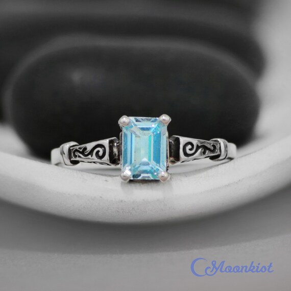 Vintage Blue Topaz Ring, Sterling Silver Rectangular Topaz Ring, Art Deco Blue Topaz Promise Ring For Women | Moonkist Designs