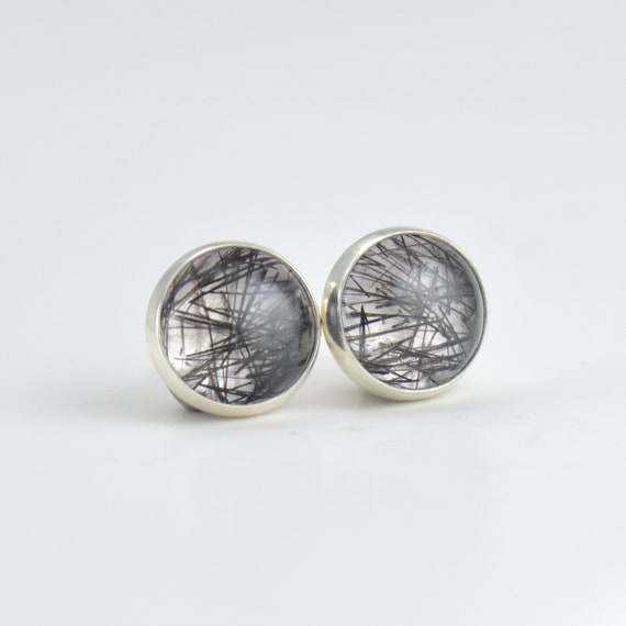 Black Tourmalinated Quartz 4mm 6mm 8mm Sterling Silver Rutilated Stud Earrings Pair