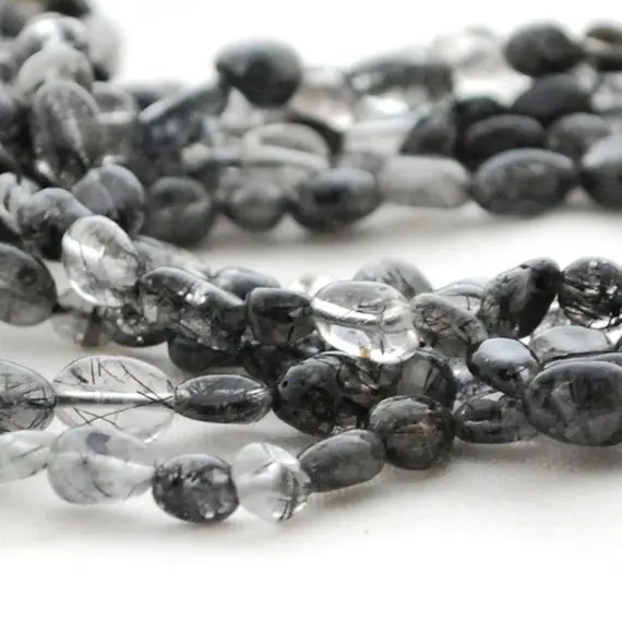 Natural Black Rutilated Tourmaline Quartz Semi-precious Gemstone Pebble Nugget Beads 5mm - 8mm - 15" Strand