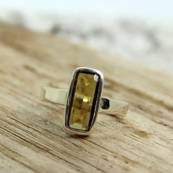 Nice!!!...tourmaline Ring Slim Long Rectangle Cut Stone Golden Yellow Tourmaline Set On 925 Sterling Silver Unisex Ring Solid Silver Ring