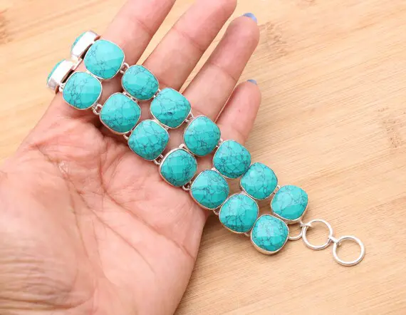 Blue Turquoise 925 Sterling Silver Multi Gemstone Adjustable Bracelet ~ 2 Line Bracelet ~ Handmade Jewelry ~ Blue Bracelet ~ Gift For Her