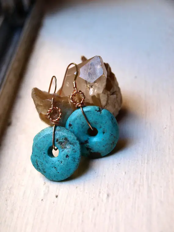 Genuine Turquoise Earrings - Wire Wrapped Turquoise Earrings - Rose Gold Turquoise Earrings -  Rose Gold Fill Turquoise Earrings - Donut