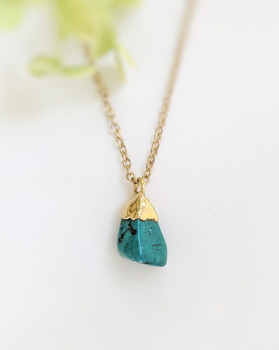 Raw Turquoise Necklace, Raw Stone Pendant On Gold Chain, Raw Gemstone Necklace, December Birthstone Necklace, Raw Birthstone Boho Necklace