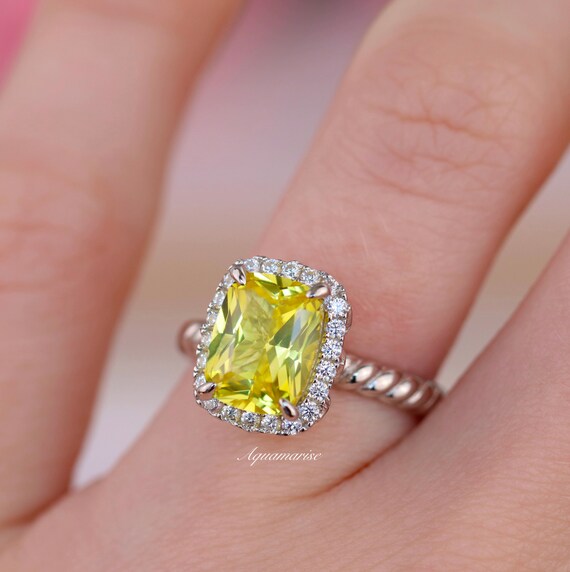 Lemon Yellow Sapphire Ring- Sterling Silver Engagement Ring For Women- Unique Promise Ring Elongated Cushion Cut Ring- September Birthstone-