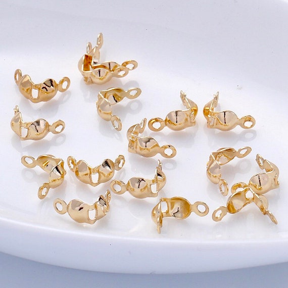 14k Gold Plated Bead Tip Clamshells, Fold Over Crimp Bead, Knot Tip Cover Ends, Knot Covers, Connector Beads, Jewellery Findings