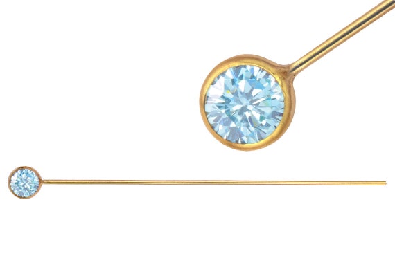 2pc 14k Gold Filled Head Pins: 3mm Aqua Blue Cz, 24 Gauge