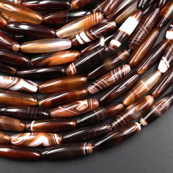 Natural Tibetan Agate Beads Long Slender Drum Barrel Tube Cylinder Amazing Veins Bands Stripes Brown Agate 15.5" Strand