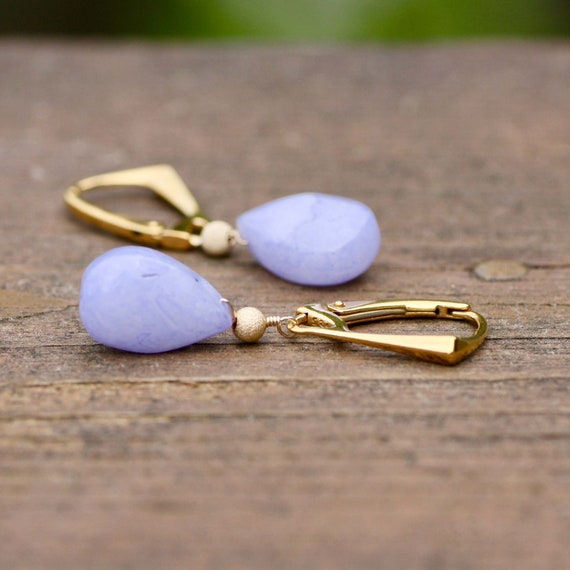 Natural Lavender Agate Earrings 14k Gold Vermeil , Healing Gem , Wire Wrapped , From Canada , Pregnancy Protection