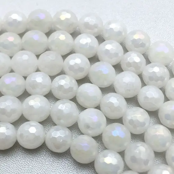 10mm White Plated Faceted Agate Beads, Mystic Agate Beads, Round Gemstone Beads, Wholesale Beads