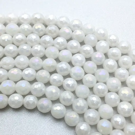 8mm White Plated Faceted Agate Beads, Mystic Agate Beads, Round Gemstone Beads, Wholesale Beads