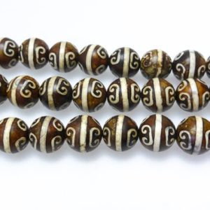 brown Tibetan Dzi agate beads – 10mm handmade protection beads – religious jewelry making material – round agate beads – 15inch long