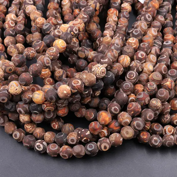 Tibetan Agate 6mm 8mm 10mm Round Beads Dzi Agate Brown Etched Eye Matte Mala Antique Boho Beads 15.5" Strand