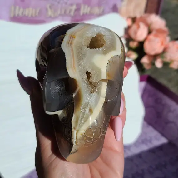 Large Crystal Skull, 1.77 Lb Natural Agate Geode Human Head Carving For Decor Or Crystal Grids