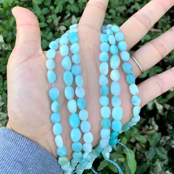 1 Strand/15" Natural Blue Amazonite Healing Gemstone 6mm To 8mm Free Form Oval Tumbled Pebble Stone Bead For Earring Bracelet Jewelry Making
