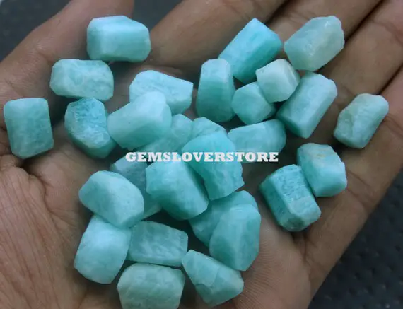 25 Pieces Hand Cut Rough 14-16 Mm Raw Making Jewelry Material Genuine Natural Amazonite Crystal Gemstone, Clear Amazonite Crystal Rough