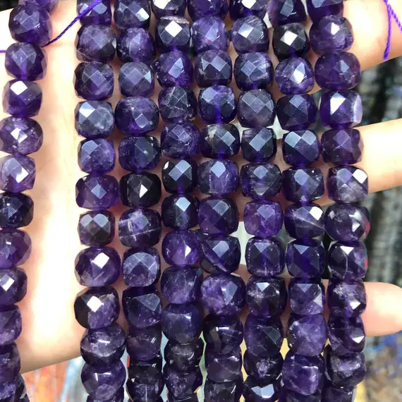 Amethyst Faceted Beads, Natural Gemstone Beads, Purple Cube Crystal Stone Beads 8mm 15''