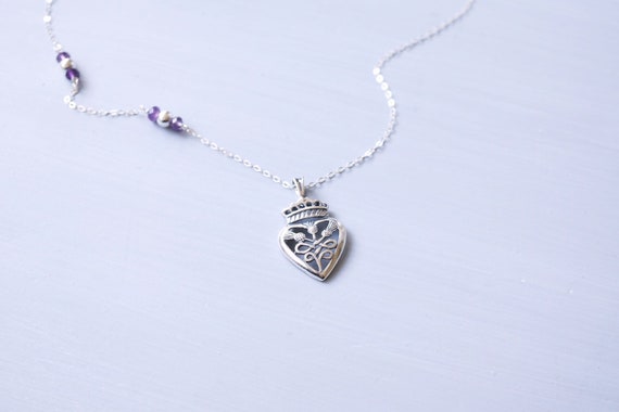 Scottish Thistle, Sterling Silver Heart, Amethyst Necklace