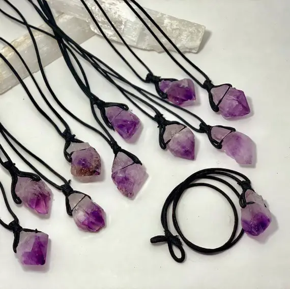 Amethyst Point Crystal Necklace, Amethyst Gemstone Cord Necklace