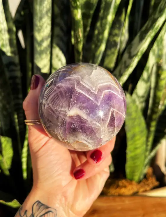 Chevron Amethyst Sphere W/ Stand For Energy Clearing- Crown Chakra Crystal Aka Banded Amethyst