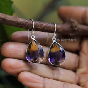 Natural Ametrine Earrings, 925 Sterling Silver Earrings, Handmade Earrings, 15x20mm Faceted Pear Earrings, Boho Earrings, Women's Earrings | Natural genuine Gemstone earrings. Buy crystal jewelry, handmade handcrafted artisan jewelry for women.  Unique handmade gift ideas. #jewelry #beadedearrings #beadedjewelry #gift #shopping #handmadejewelry #fashion #style #product #earrings #affiliate #ad