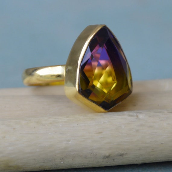 Purple Yellow Ametrine Quartz Gemstone Ring, Sterling Silver Yellow Plated, Rose Gold Plated Gold Ring, Ametrine Quartz Gift Ring