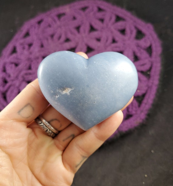Large Angelite Heart Crystal Polished Stones Crystals Natural Blue Anhydrite Unique Peru Carving Carved Shaped