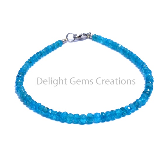 Neon Blue Apatite Beaded Bracelet, 3 To 4 Mm Apatite Faceted Rondelle Beads Bracelet, Gemstone Beads Bracelet, Dainty Bracelet, Gift For Her