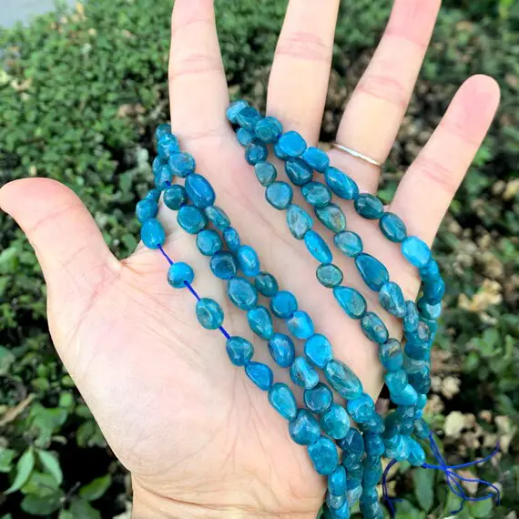 1 Strand/15" Natural Blue Apatite Healing Gemstone 6mm To 8mm Free Form Oval Tumbled Pebble Stone Beads For Earrings Bracelet Jewelry Making