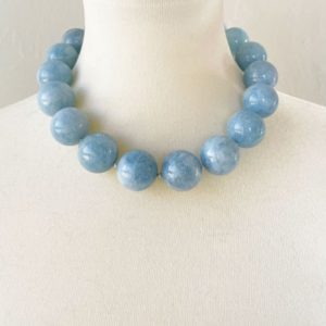 Blue Aquamarine 23-24mm Round Beaded Statement Necklace with Interlocking Ring Clasp – March Birthstone Rare Large Size | Natural genuine Gemstone necklaces. Buy crystal jewelry, handmade handcrafted artisan jewelry for women.  Unique handmade gift ideas. #jewelry #beadednecklaces #beadedjewelry #gift #shopping #handmadejewelry #fashion #style #product #necklaces #affiliate #ad