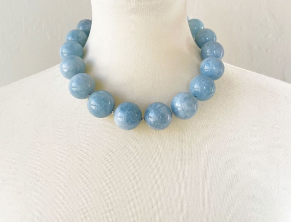 Blue Aquamarine 23-24mm Round Beaded Statement Necklace With Interlocking Ring Clasp - March Birthstone Rare Large Size