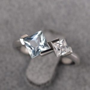 Real Aquamarine 2 Stone Promise Ring Sterling Silver Princess Cut Unique Mothers Ring March Birthstone | Natural genuine Gemstone rings, simple unique handcrafted gemstone rings. #rings #jewelry #shopping #gift #handmade #fashion #style #affiliate #ad