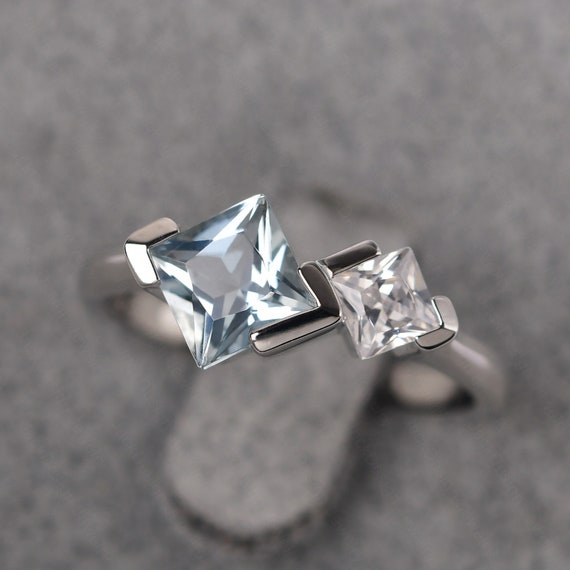 Real Aquamarine 2 Stone Promise Ring Sterling Silver Princess Cut Unique Mothers Ring March Birthstone