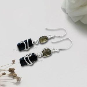 Shop Moldavite Earrings! Authentic Raw Moldavite and Black Tourmaline Earring in 925 Sterling Silver, Natural Moldavite Earring, Raw Crystal Earring, Gift for Her | Natural genuine Moldavite earrings. Buy crystal jewelry, handmade handcrafted artisan jewelry for women.  Unique handmade gift ideas. #jewelry #beadedearrings #beadedjewelry #gift #shopping #handmadejewelry #fashion #style #product #earrings #affiliate #ad
