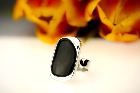 Black Amber Ring, Black Amber Stone Ring, Large Amber Ring, Large  Amber And Silver Ring, Adjustable Amber Ring, Unique Natural Amber Ring