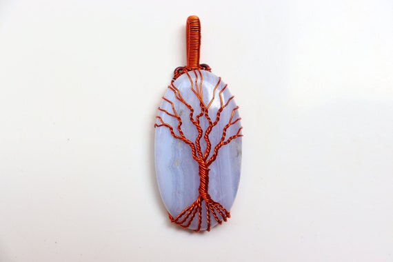 Blue Lace Agate Wire Wrapped Pendant Copper Pendant, Natural Blue Lace Agate Gemstone Pendant, Copper Necklace Pendant Jewelry Loose Jewelry