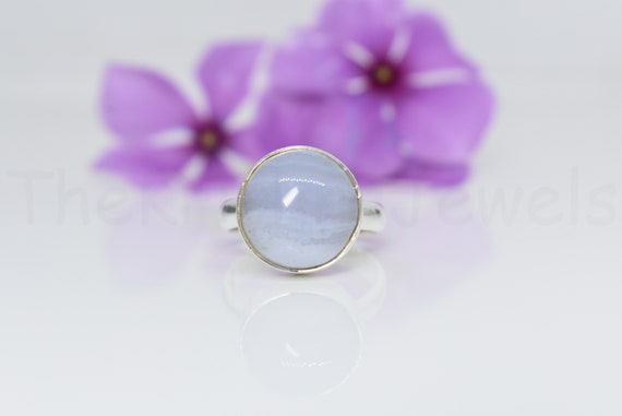 Blue Lace Agate Gemstone Ring, 925 Sterling Silver Ring, Round Gemstone Ring, Beautiful Ring, Cabochon Gemstone Ring, Simple Band Ring, Boho
