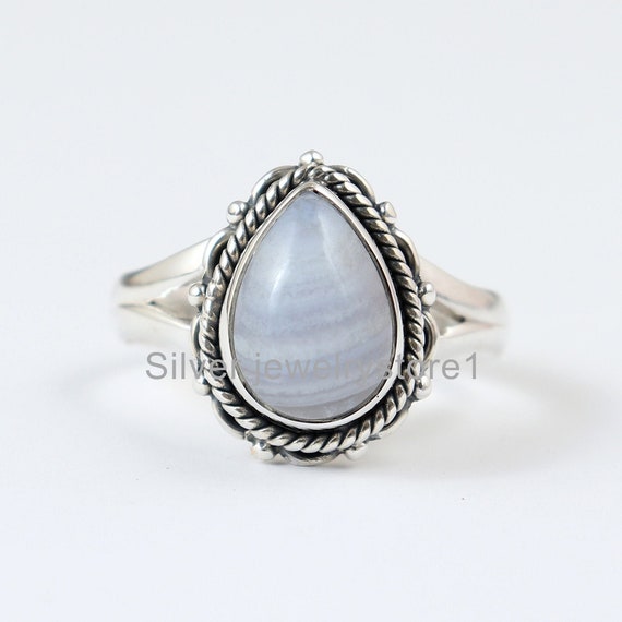 Natural Blue Lace Agate Ring, Silver Ring Organic Ring, 925 Sterling Rings, Pear Blue Agate Ring, Women Rings, Gemstone Ring, Ring Sale