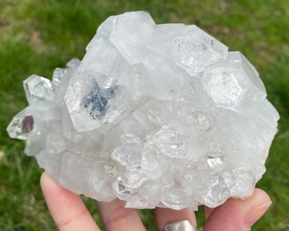 Apophyllite Crystal Cluster On Calcite From India, Large, Lustrous, Pointed Apophyllite Cluster, Mirror