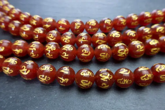 Red Om Gemstone Beads - Red Carnelian Prayer Beads - 108 Beads Meditation Beads - Gold Stamped Healing Gemstone Beads - 15 Inch