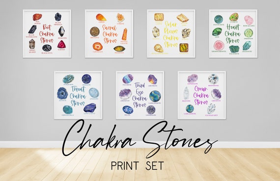 Chakra Stones Print Set | Get 7 Printable Chakra Crystal Posters With Colorful Graphics Of Stones That Can Be Used To Work With Each Chakra.