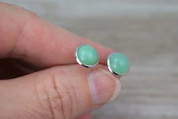 Natural Chrysoprase Earrings / Studs - Set In Sterling Silver - Mint Green Gemstone / Semi Precious Stone