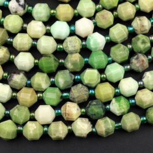 Shop Chrysoprase Faceted Beads! Natural African Chrysoprase 8mm Beads Rounded Faceted Energy Prism Double Terminated Points 15.5" Strand | Natural genuine faceted Chrysoprase beads for beading and jewelry making.  #jewelry #beads #beadedjewelry #diyjewelry #jewelrymaking #beadstore #beading #affiliate #ad