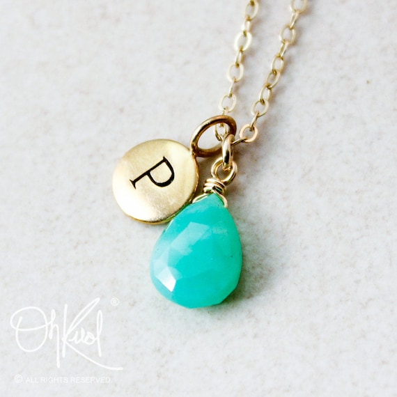 Gold Green Chrysoprase Necklace - Initial Necklace - 14k Gf