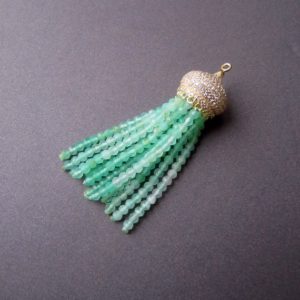 Chrysoprase Tassel Pendant • Gold Vermeil Sterling silver 925 • Sparkling Cubic Zirconia pavé • Natural gemstone • Vivid mint green | Natural genuine Chrysoprase pendants. Buy crystal jewelry, handmade handcrafted artisan jewelry for women.  Unique handmade gift ideas. #jewelry #beadedpendants #beadedjewelry #gift #shopping #handmadejewelry #fashion #style #product #pendants #affiliate #ad