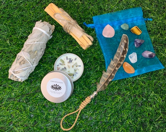 Cleansing Smudge Kit Removes Negative Energy With Sage Crystals Feather Candle + Free Gift !!!!