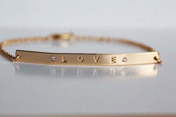 Custom Bar Bracelet, Gold Cz Diamond Bracelet, Dainty Love Bracelet, Personalized Name Bracelet